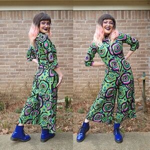 60's Vintage Psychedelic Print Lounge Craft Jumpsuit Retro Green Pantsuit